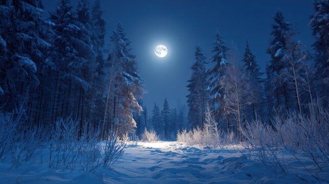 Full moon illuminates a snowy forest path at night with frosted trees moonlit