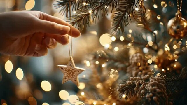 A hand carefully placing a star ornament on a festive Christmas tree adorned with golden lights.