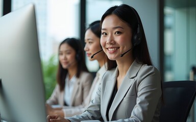 Professional Team Business Operator in Office. Service Business Corporate, Call Center Asian.  Help Center, Appealed to Consumers,  Support Identify Action Recovery Disaster. Online Digital marketing.
