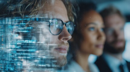Diverse Team Analyzing Data: Focused Professionals with Digital Overlay for Business Strategy and Technological Advancement