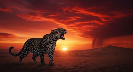 Jaguar's desert roar: A fierce cry beneath a crimson sky in arid lands