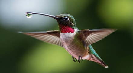 Fototapeta premium Ruby-throated hummingbird with water droplet poised for flight in soft green nature setting