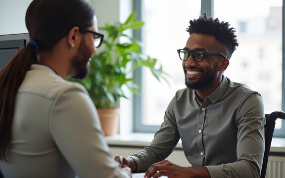 African american helpdesk receptionist with chronic impairment working at call center client care. Man wheelchair user giving telework assistance at customer service in disability friendly office.