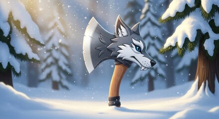 Stylized wolf head axe illustration in a snow covered forest with falling snow creating a magical