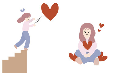 頑張って愛を求め続ける女性と内側から自然に愛があふれる女性の対比イラスト