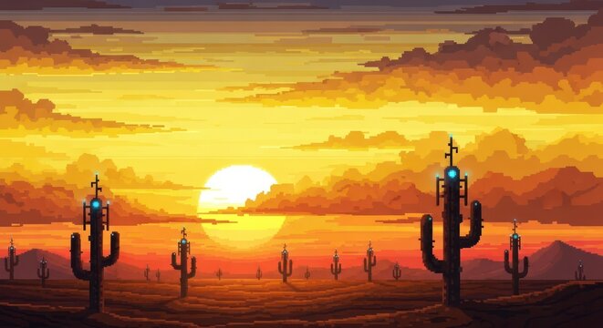 Pixelated southwestern desert landscape showcasing futuristic cactus under a vibrant golden sunset