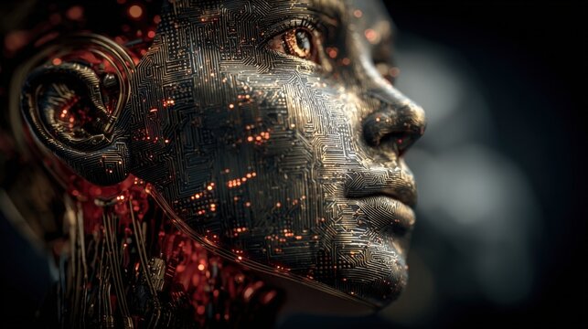 Futuristic Android Face Close-Up: High-Tech Artificial Intelligence with Intricate Circuitry and Advanced Biometrics - Powered by Adobe