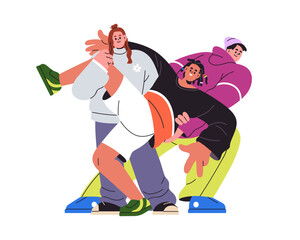 Happy young friends in fun poses for funny photo portrait. Smiling people, youth together in playful positions. Modern men and women friendship. Flat vector illustration isolated on white background