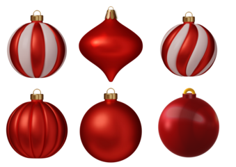 A festive collection of red christmas ornaments isolated on transparent background
