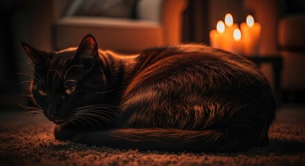 Cozy domestic scene with a sleek black cat resting near softly glowing candles