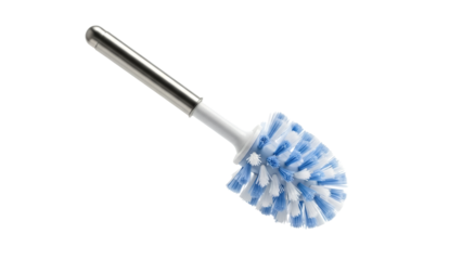 A Sanitary Essential: Close-up of a Modern Toilet Brush with Stainless Steel Handle and Dual-Color Bristles for Pristine Bathroom Hygiene