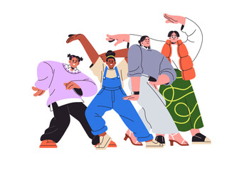 Young happy female friends celebrating and posing for fun, joy. Cheerful women group, excited funny joyful girls smiling, gesturing together. Flat vector illustration isolated on white background