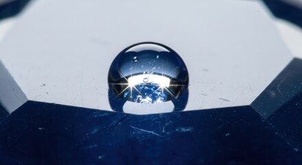 Shimmering water droplet reflecting light on a multifaceted dark blue surface