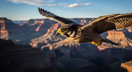 Majestic falcon soaring over the immense Grand Canyon at sunset creates a stunning vista
