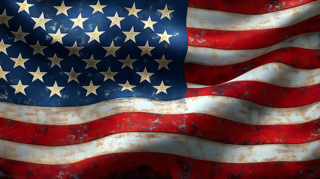 American flag waving in the wind with a textured, vintage appearance decorated with stars and stripes