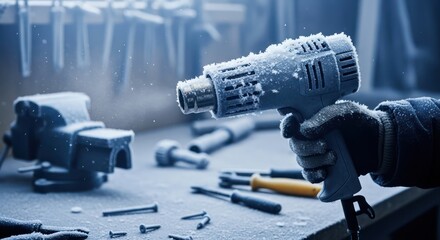Chilling workspace: A heat gun and hand tools covered in frost in cold workshop scene