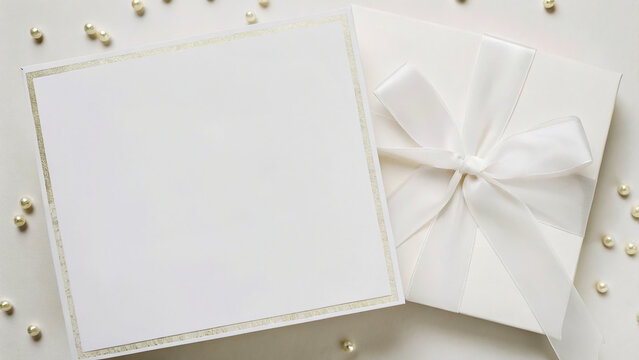 A beautifully wrapped white gift box tied with a satin ribbon sits beside a blank greeting card. Scattered decorative pearls add elegance to the soft background, creating a perfect gift setting.
