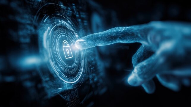 Finger about to touch a digital lock, representing data security and cyber protection concept