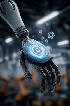 Advanced robotic arm operating in factory, showcasing futuristic technology and automated production with cogwheel elements