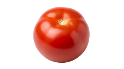 Vibrant red tomato studio shot displaying smooth skin texture and green stem scar against a crisp white backdrop for culinary or agricultural visuals