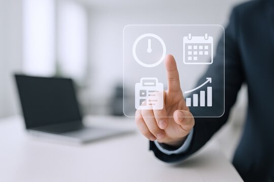 Businessman using virtual interface to manage time, tasks, scheduling, and business growth with modern technology