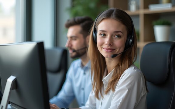 Beautiful Caucasian female call center with headset talking to customer in office. The girl working as technical service support. Seen behind the back of computer monitor in banner size. High quality