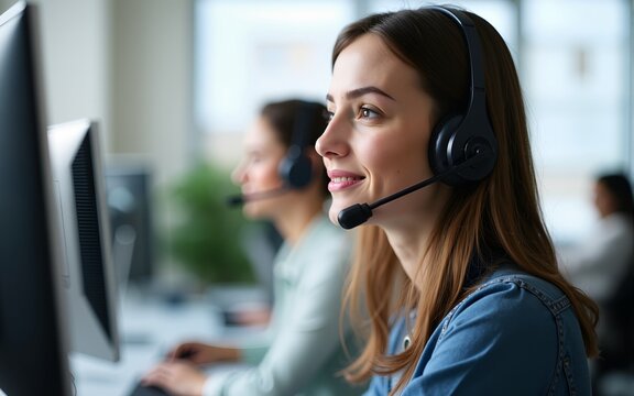 Beautiful Caucasian female call center with headset talking to customer in office. The girl working as technical service support. Seen behind the back of computer monitor in banner size. High quality