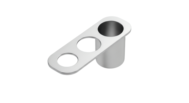 Silver Metal Component with Three Circular Cutouts and Cylindrical Extension for Precise Industrial Applications
