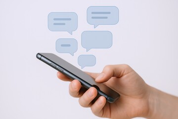 Mobile Communication: Hand Holding Smartphone with Chat Bubbles for Messaging and Social Media Interaction