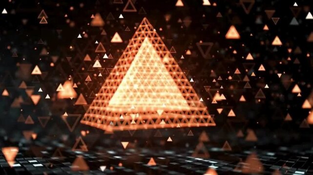 Abstract digital rendering of a glowing orange pyramid with smaller triangles floating around.