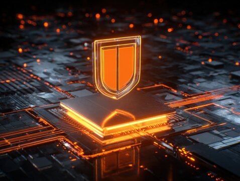 Cybersecurity Shield on Microchip: Digital Protection, Data Encryption, and Network Security Visualized in Orange Glow
