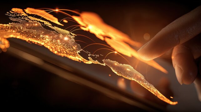 Global Digital Connectivity: Finger Touching Illuminated World Map on Tablet Display, Representing Modern Technology and Interconnected Networks