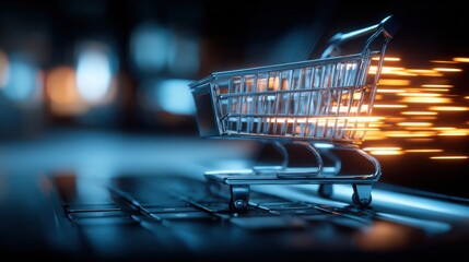 Shopping Cart Speeding Across a Laptop Keyboard, Representing Fast Online Shopping and E-commerce Transactions