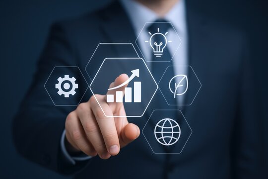 Businessman Touching Virtual Screen Displaying Business Growth, Strategy, Innovation, Technology, and Global Connectivity Icons