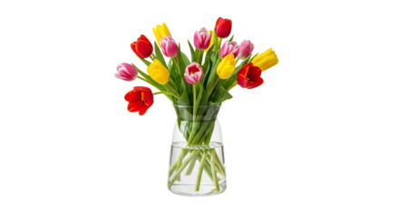 Radiant tulip display in a sleek vase illuminating a pristine white backdrop with spring blossoms of red, yellow, and pink bringing joy
