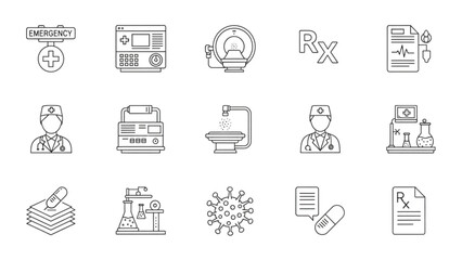 Medical Icons Emergency, Equipment, and Healthcare Symbols in Outline Style