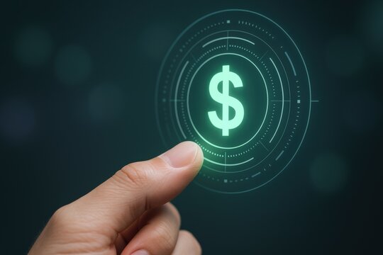 Digital Currency Touch: Human Hand Interacting with Glowing Dollar Sign, Representing Modern Finance and Investment