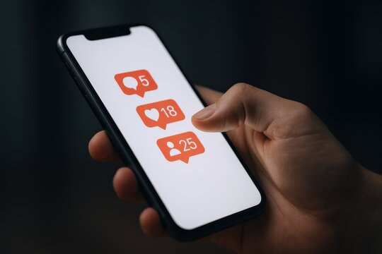 Social Media Engagement on Smartphone: Person Using Social Media App with Notifications and Increasing Numbers