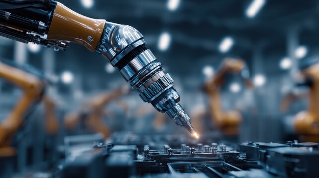 Automated Robotic Arm Precision Soldering on Circuit Board in Modern Factory Setting, Illustrating Advanced Manufacturing