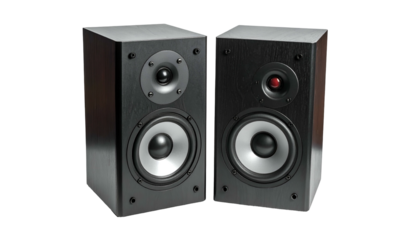 Pair of black wooden loudspeakers with silver cones and circular mid-range drivers