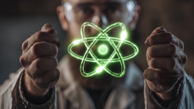 Scientist holds atom model symbolizing scientific innovation concept
