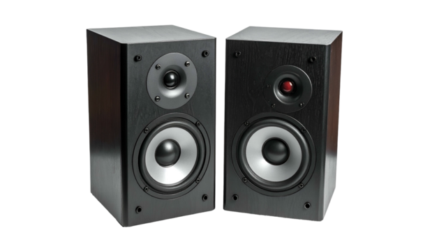 Pair of black wooden loudspeakers with silver cones and circular mid-range drivers