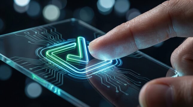 Online education technology concept Futuristic technology interface with a finger touching a glowing circuit pattern on a transparent screen. - Powered by Adobe
