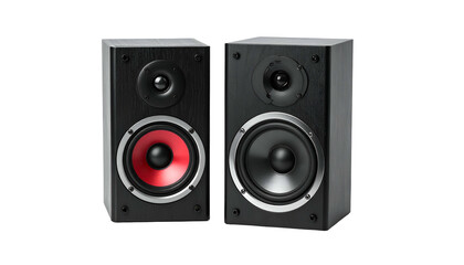 Fototapeta premium Two rectangular speakers with black woodgrain finish, one with red trim, isolated on black