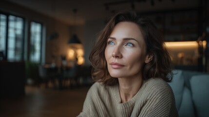 Pensive Woman Gazing Out Window in Cozy Interior, Calm Expression, Contemplative Mood, Daydreaming