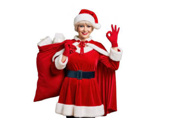 Woman dressed as santa claus carrying a sack of presents, isolated on transparent background