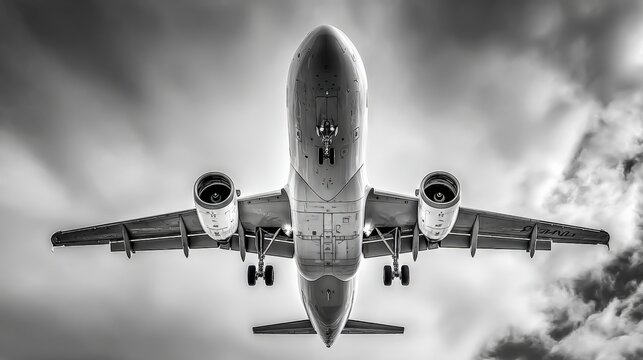 Commercial Airplane Ascending into Cloudy Sky: Monochrome Aviation and Aerospace Industry Stock Photo