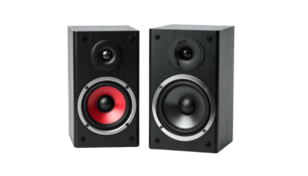 Two rectangular speakers with black woodgrain finish, one with red trim, isolated on black