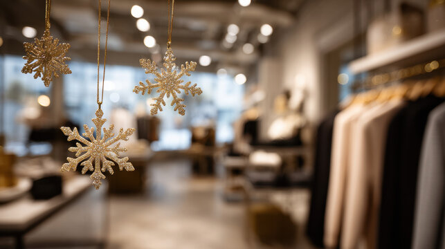 Modern fashion boutique with shimmering snowflake ornaments hanging above stylish winter clothing racks in soft festive lighting