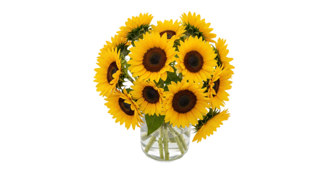 Radiant sunflowers in a transparent vase, bright yellow petals contrasting a pure white background, evoking feelings of warmth and happiness - Powered by Adobe